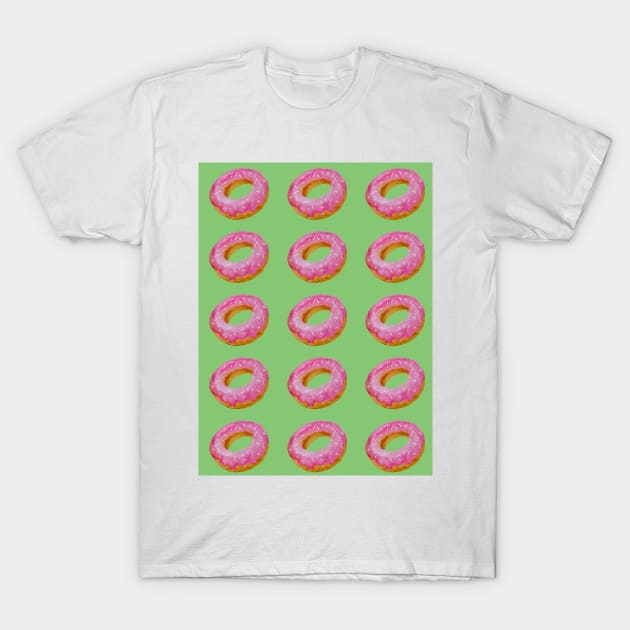 Watercolor donuts pattern - pink and green background T-Shirt by wackapacka